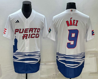 Mens Puerto Rico Baseball #9 Javier Baez White 2023 World Baseball Classic Stitched Jersey->2023 world baseball classic->MLB Jersey